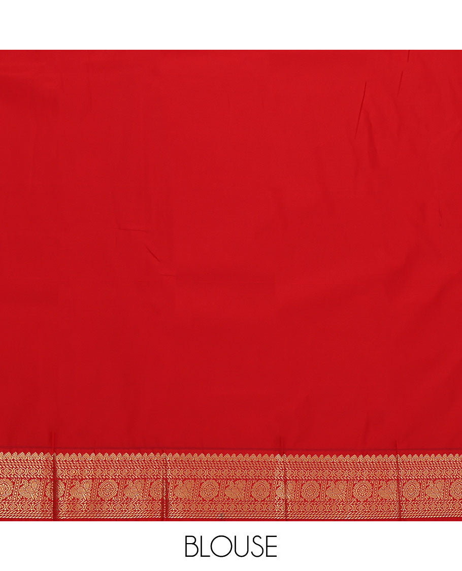 Sandal Budget Silk Saree, Woven with Buttas All Over Its Body, Complemented by a Contrast Traditional Zari Design Border of Peacock and Chakram, Pallu of Jaal Designs, and Paired with a Contrast Blouse