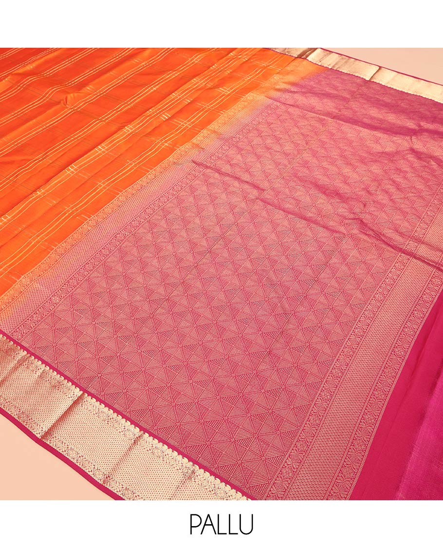 Orange Zari Checked Vasundhara Silk Saree, Complemented by a Contrast Border of Rekku, Manga, Banaras, and Ara Maadam Designs, Jaal Pallu, and a Contrast Blouse
