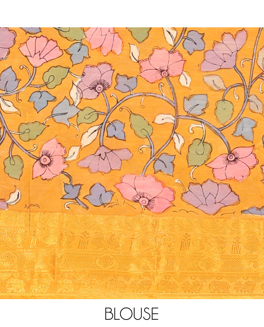 Green Kalamkari Printed Semi-Banarasi Tussar Saree, Enriched with Human Figurines, Contrast Traditional Border, Contrast Human Figurines Pallu, and a Contrast Blouse