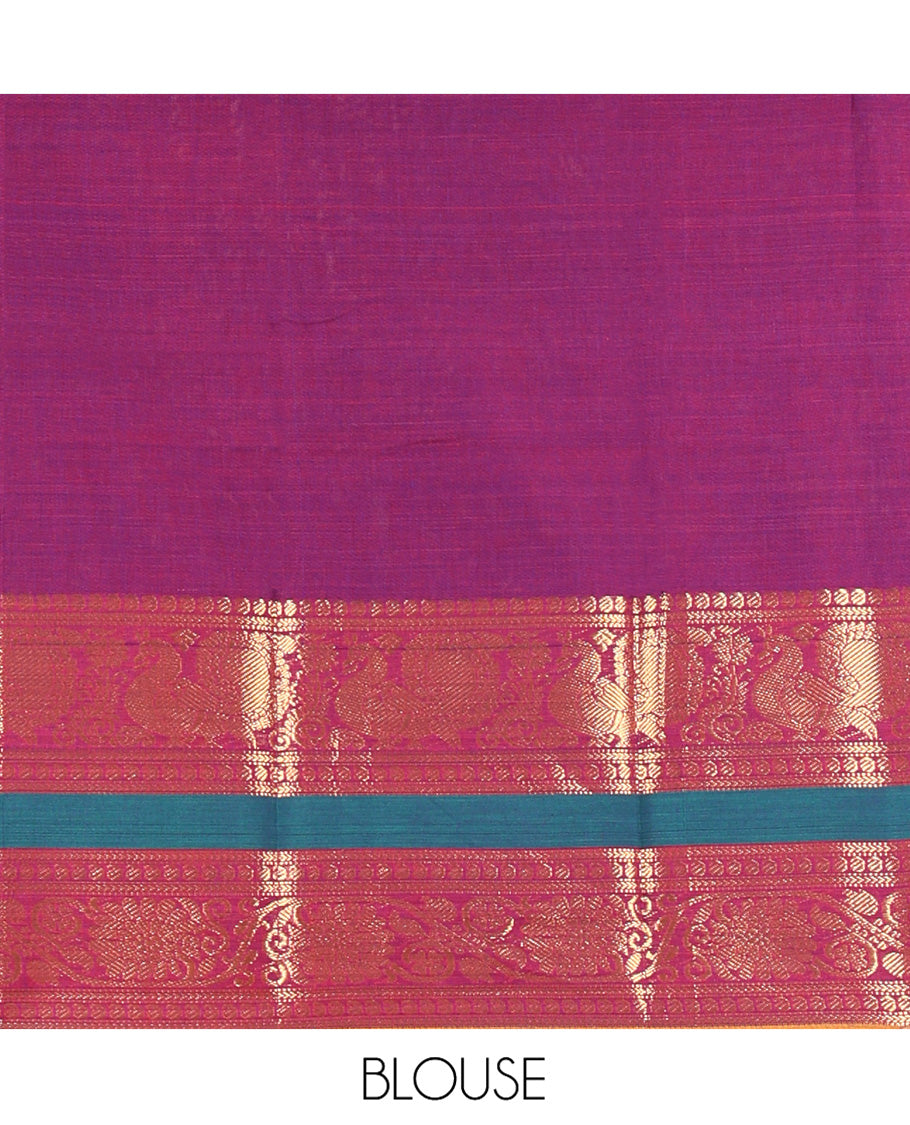 Purple Mercerised Cotton Half-Saree Features a Plain Skirt, a Contrast Peacock-Floral Creeper Border, a Matching Blouse, and a Contrast Dhavani