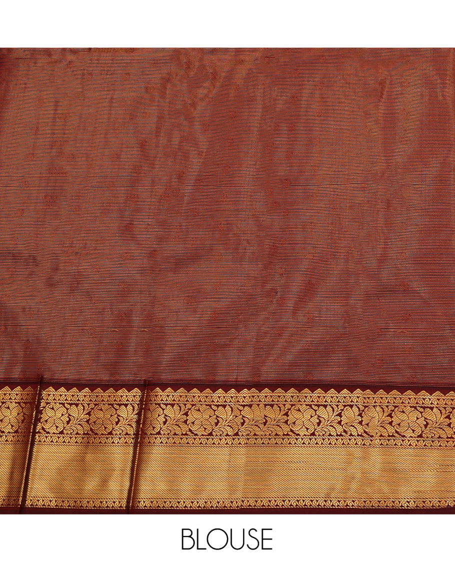 Orange Budget Silk Saree, Adorned with Zari Buttas on Its Body, Complemented by a Contrast Traditional Zari Design Border, Grand Pallu, and Paired with a Contrast Blouse