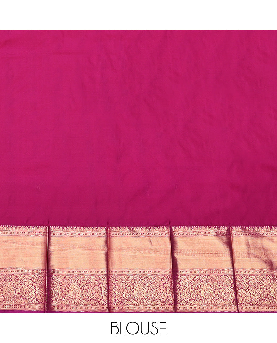 Orange Budget Silk Saree, Decorated with Zari Buttas All Over Its Body, Complemented by a Contrast Traditional Zari Border, Grand Pallu, and Paired with a Contrast Blouse