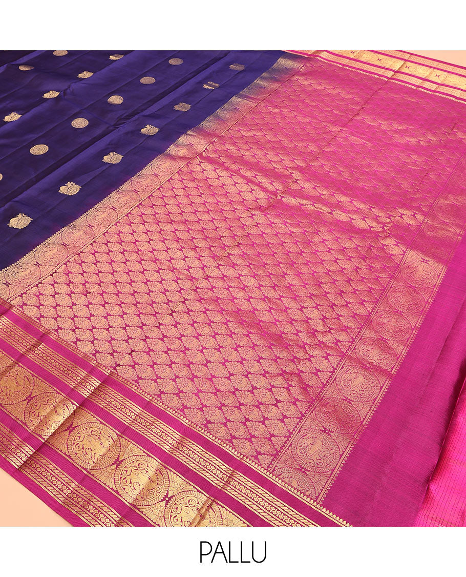 Violet Vasundhara Silk Saree, Meticulously Crafted with Mayil-Chakra Buttas, Contrast Border of Thilakam Mokku, Puli Nagam, and Round Yaali Designs, Grand Pallu, and a Contrast Blouse