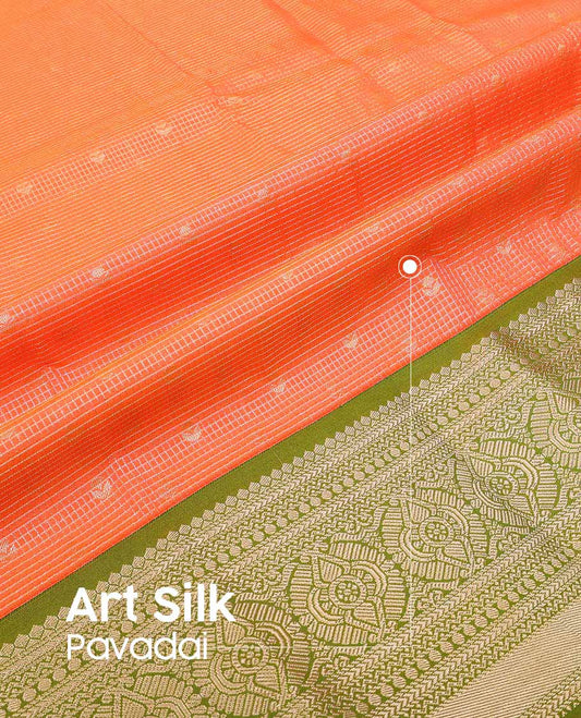 Red checked, leaf design art silk pavadai material with contrast traditional zari design border & zari design blouse