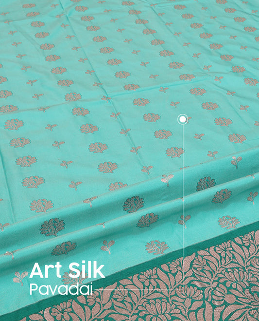 Turquoise Art Silk Pavadai Material Set Enriched with Floral Zari Buttas All Over the Skirt, Complemented by a Contrast Floral Jaal Zari Border, and Paired with a Contrast Blouse