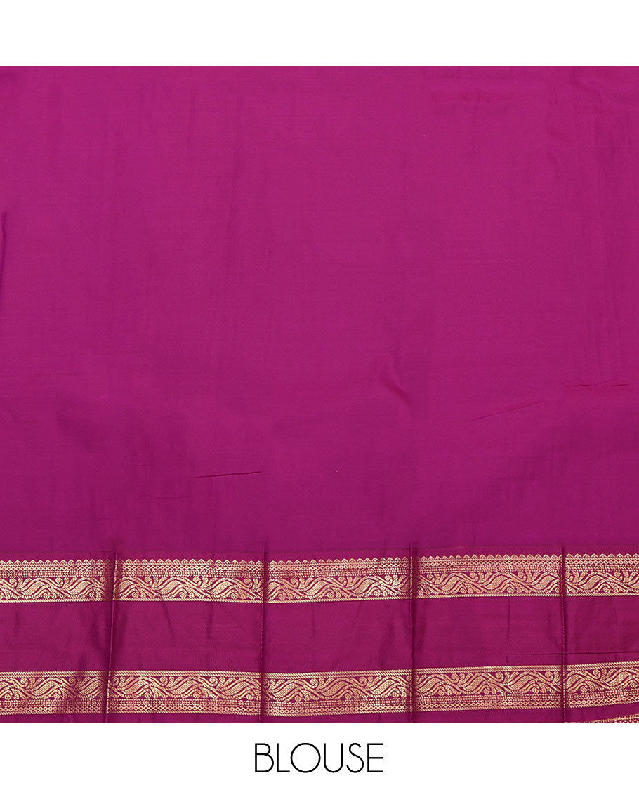 Green Budget Silk Saree, Subtly Sparkled with Zari Buttas and Checks, Complemented by a Contrast Traditional Rettai Pettu Ganga-Jamuna Border, Intricate Pallu, and Contrast Blouse