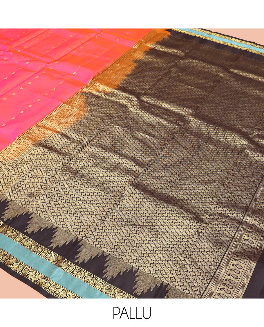 Pink Vasundhara Silk Saree, Adorned with Zari Buttas All Over Its Body, Complemented by Contrast Temple Rettai Pettu Border of Manga and Poun Designs, Grand Pallu and Paired with a Contrast Blouse