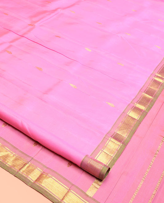 Pink Kanchipuram Silk Saree, Ornamented with Zari Buttas, Contrast Border of Banaras, and Mayil Kann, Pallu of Zari Design, and No Blouse