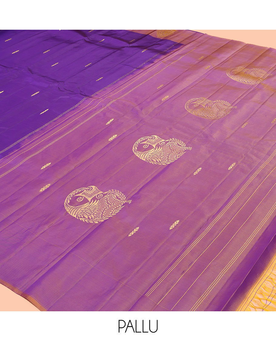 Purple Kanchipuram Silk Saree, Woven with Zari Buttas, Complemented by a Contrast Zari Border, Pallu of Zari Design, and Contrast Blouse