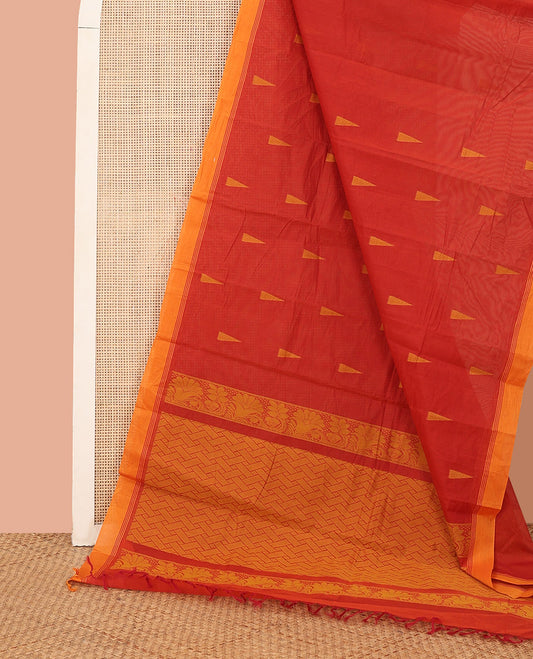 Red Kanchi Cotton Saree, Featuring Temple Buttas All Over Its Body, Complemented by a Contrast Border, Pallu of Intricate Designs, and Paired with a Matching Blouse