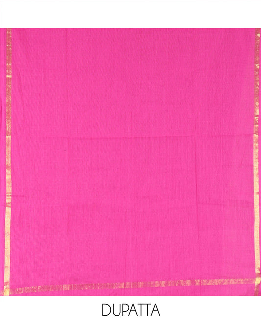 Rama Green Handloom Cotton Material Chudidar, Plain and Contrast Traditional Zari-Bordered Top, a Contrast Plain Bottom, and Contrast Dupatta