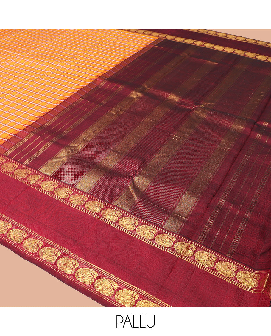 Orange Checked Kanchipuram Silk Saree, Complemented by a Contrast Rettai Pettu Manga Border, Zari Woven Pallu, and Contrast Blouse