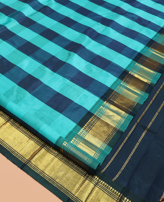 Multi-Color Checked Kanchipuram Silk Saree, Highlighted by a Zari One-Sided Border of Panner Sombu, Banaras, Muthu, and Jaal Designs, Zari Design Pallu, and a No Blouse