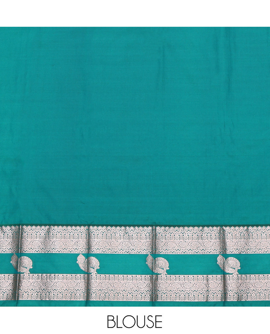 Blue Budget Silk Saree, Bedecked with Zari Buttas, Complemented by a Contrast Traditional Zari Border, Grand Pallu, and Contrast Blouse