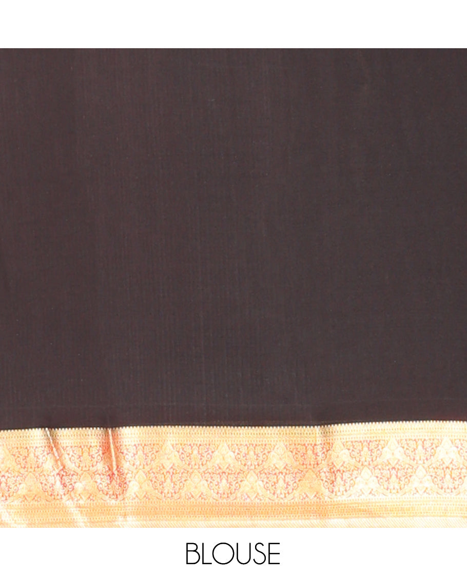 Red Zari Buttas Mysore Silk Saree, Complemented by a Contrast Traditional Zari Border, Intricately Designed Pallu, and a Contrast Blouse