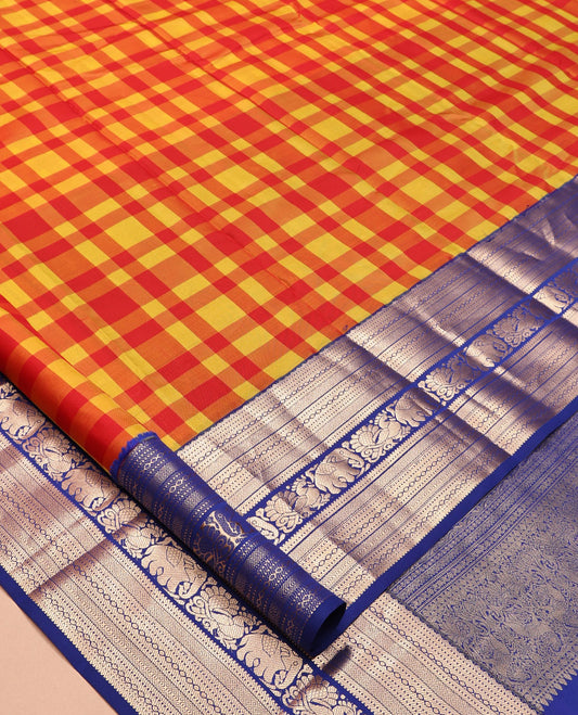 Red-Yellow Checked Vasundhara Lite Silk Mix Saree, a Contrast Traditional Zari Border of Mayil and Yaanai  Designs, Grand Pallu, and a Contrast Blouse