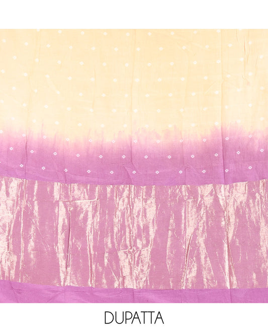 Pink and Sandal Semi-Silk Material Churidar Set, Accentuated with Bandhani Dots Print, Comes with a Plain Santoon Bottom, and Paired with a Double-Colored Dupatta of Bandhani Dots Print
