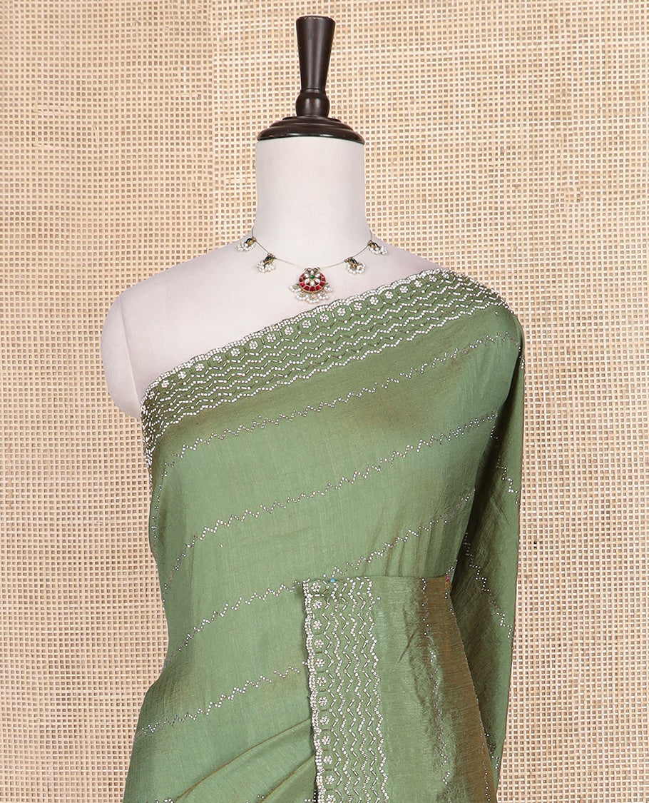 Green micro-stone work designer saree, scallop border of bead and micro-stone work, and micro-stone work pallu