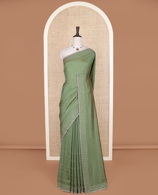 Green micro-stone work designer saree, scallop border of bead and micro-stone work, and micro-stone work pallu