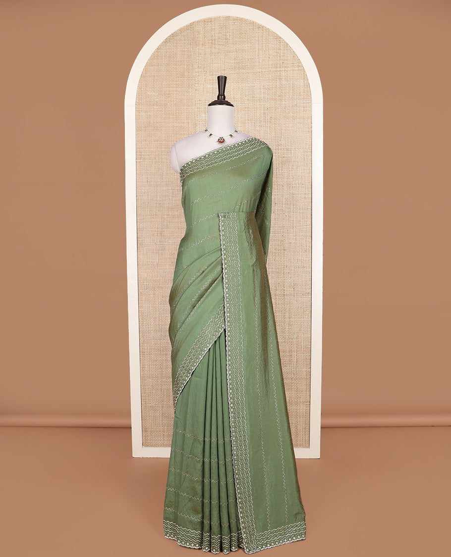 Green micro-stone work designer saree, scallop border of bead and micro-stone work, and micro-stone work pallu