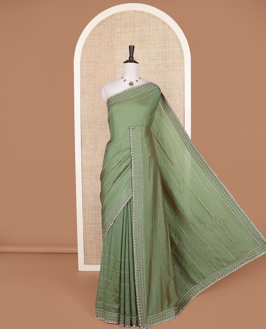 Green micro-stone work designer saree, scallop border of bead and micro-stone work, and micro-stone work pallu
