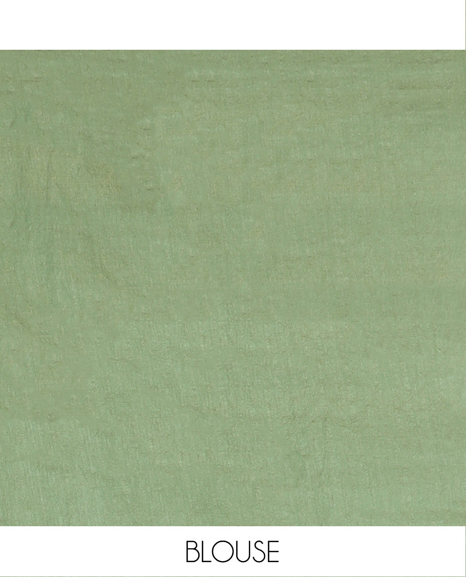 Green micro-stone work designer saree, scallop border of bead and micro-stone work, and micro-stone work pallu