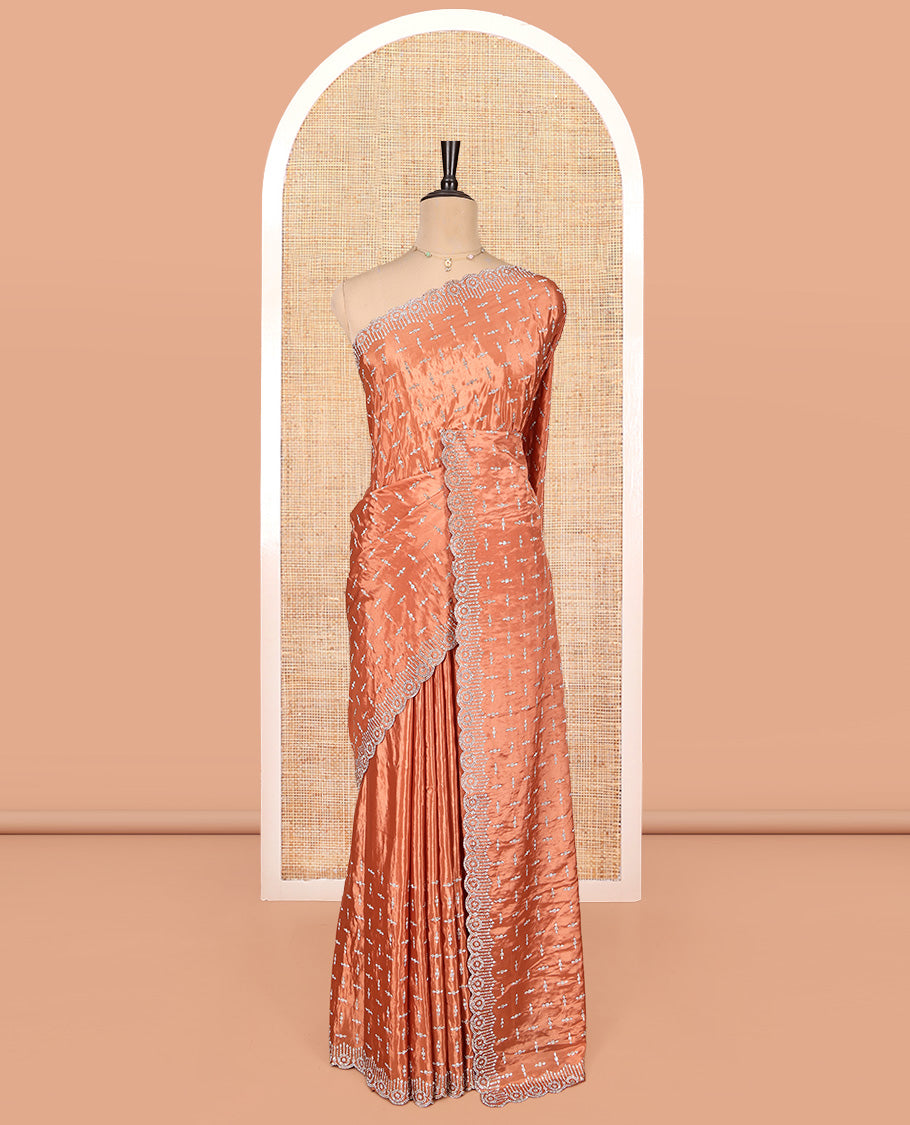 Orange Designer Saree, Charmingly Accented with Stonework, a Scallop Stonework Border, and Matching Blouse