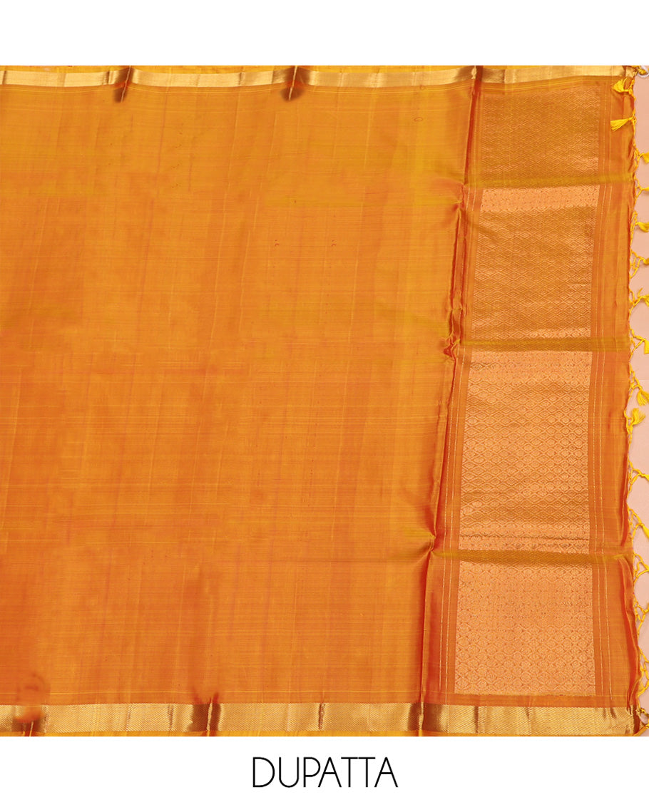 Maroon Pure Silk Half-Saree, Delicately Woven with Zari Buttas All Over Its Skirt, Complemented by a Contrast Border of Jaal, Floral, and Paisley Designs, Paired with a Contrast Blouse, and Comes with a Jaal Design Dhavani