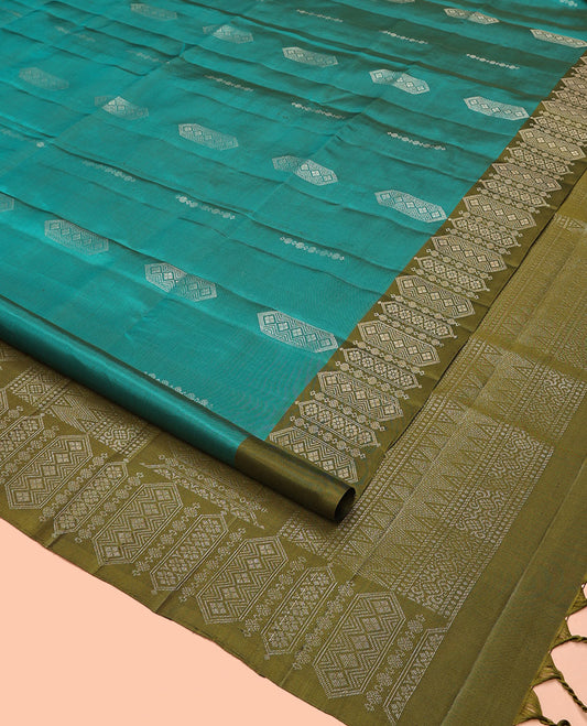 Green Mayuri Soft Silk Saree, Elevated with Zari Buttas All Over Its Body, Complemented by Contrast Border of Intricate Designs, Grand Pallu and Paired with a Contrast Blouse