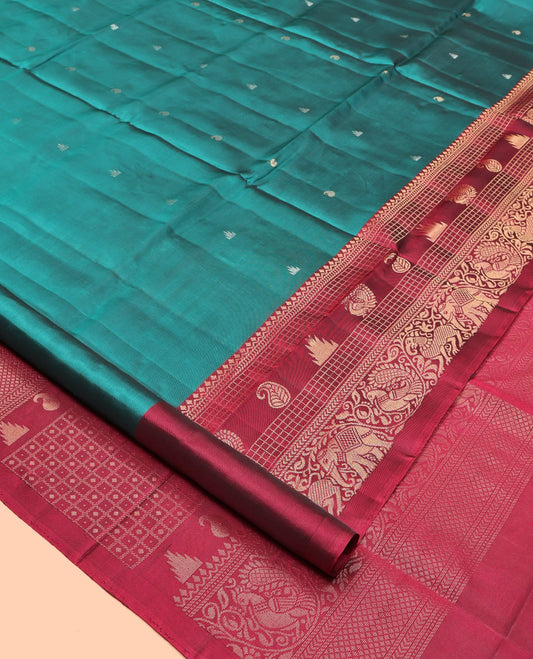 Green Mayuri Lite Silk Mix Saree, Features Rekku- Manga Buttas, Contrast Border of Rekku, Manga, Mayil and Yaanai, and Grand Pallu and a Contrast Blouse