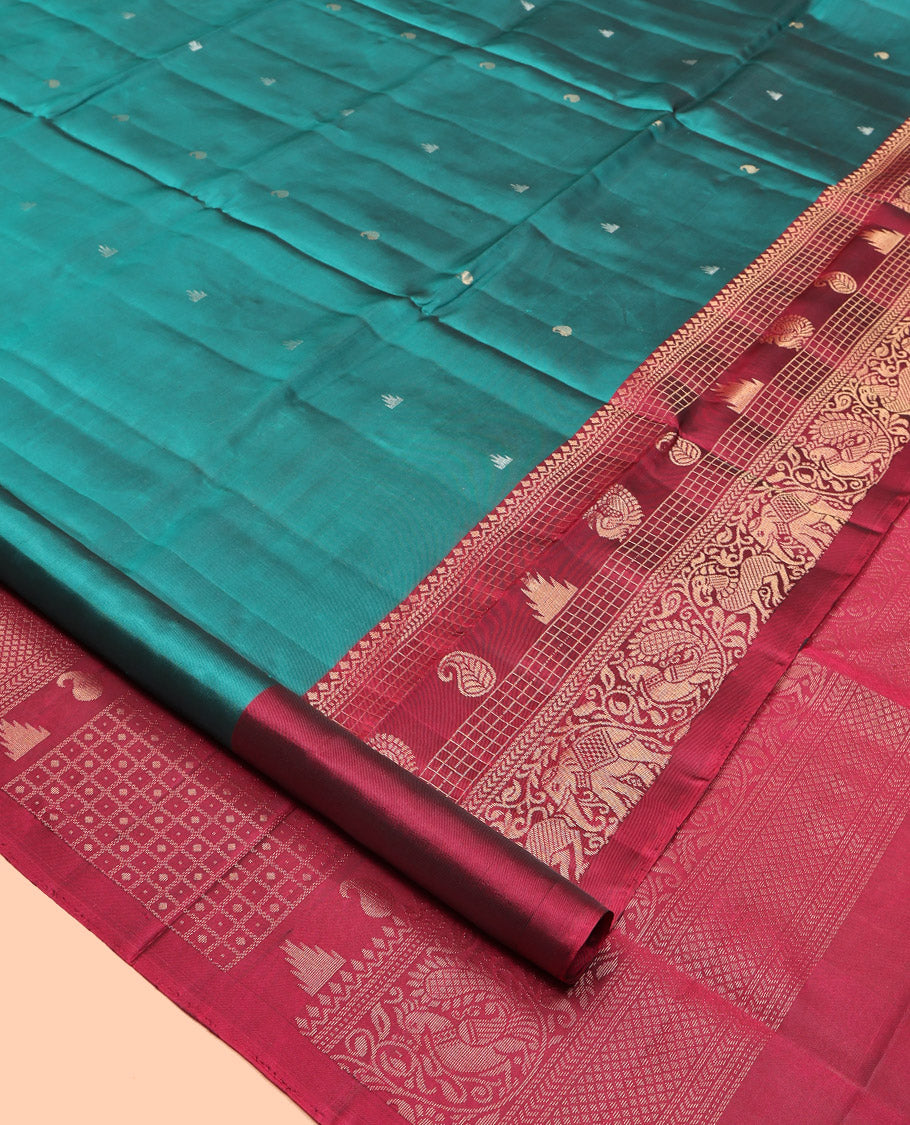 Green Mayuri Lite Silk Mix Saree, Features Rekku- Manga Buttas, Contrast Border of Rekku, Manga, Mayil and Yaanai, and Grand Pallu and a Contrast Blouse