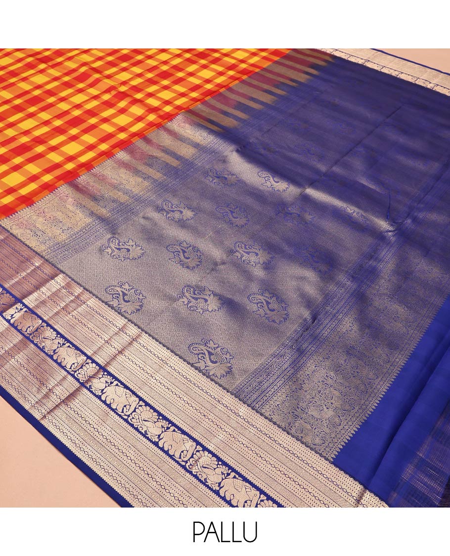 Red-Yellow Checked Vasundhara Lite Silk Mix Saree, a Contrast Traditional Zari Border of Mayil and Yaanai  Designs, Grand Pallu, and a Contrast Blouse