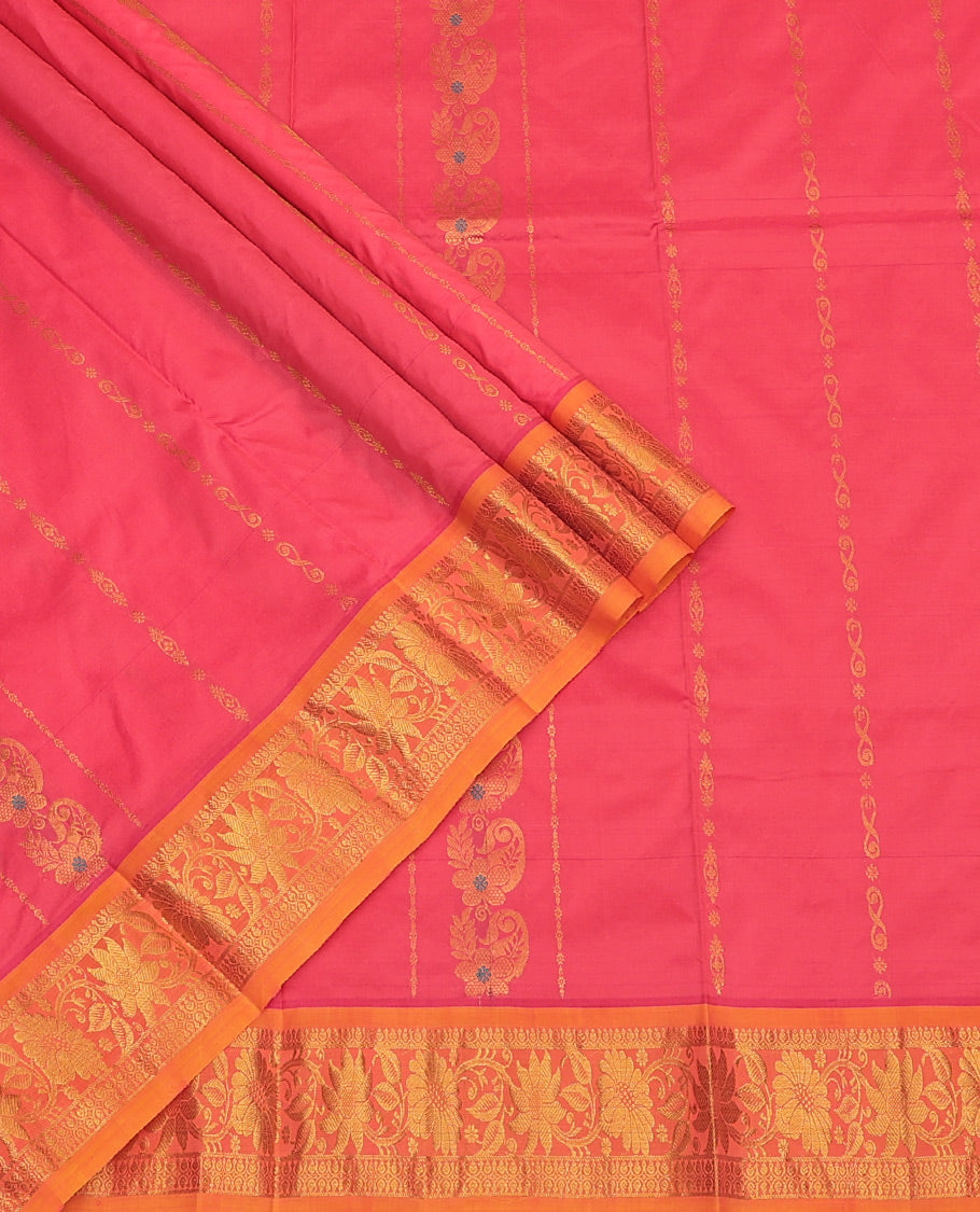 Pink Art Silk Pavadai Material Set, Woven with Zari Designs on Its Skirt, Complemented by a Contrast Floral Creeper Zari Border, and a Matching Blouse
