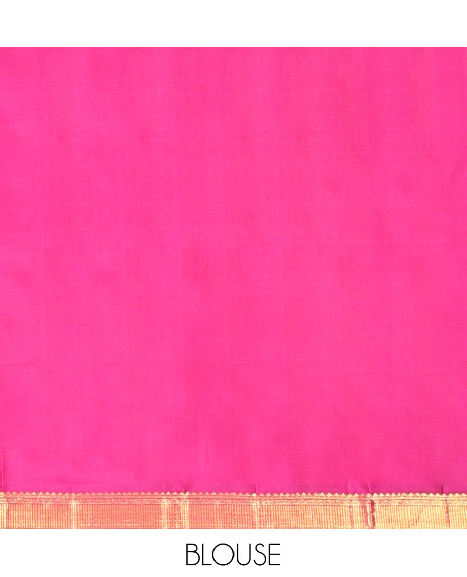 Orange Kanchipuram Silk Saree, Graced with Zari Buttas All Over Its Body, Complemented by Contrast Border of Rekku, Banaras, Neli, and Geometric Designs, Pallu of Traditional Designs, and Paired with a Contrast Blouse