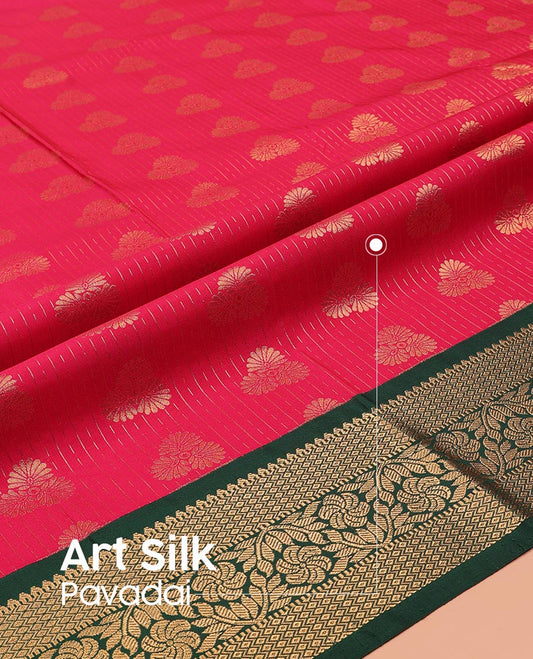 Red Art Silk Pavadai Material Set, Majestically Detailed with Dotted Stripes and Floral Buttas on Its Skirt, Complemented by a Contrast Traditional Zari Design Border, and Paired with a Contrast Blouse