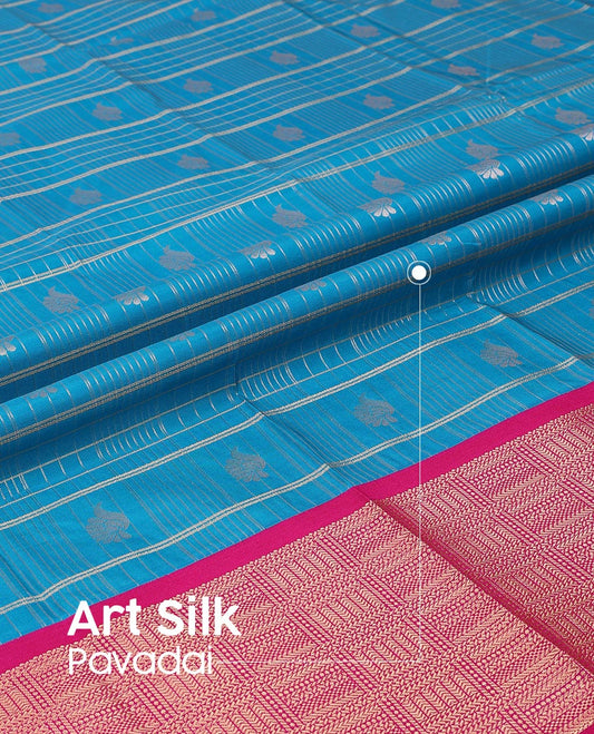 Blue Art Silk Pavadai Material Set Featuring a Zari Butta Enclosed Checked Skirt, Complemented by a Contrast Checked Zari Woven Border, and Paired with a Contrast Blouse