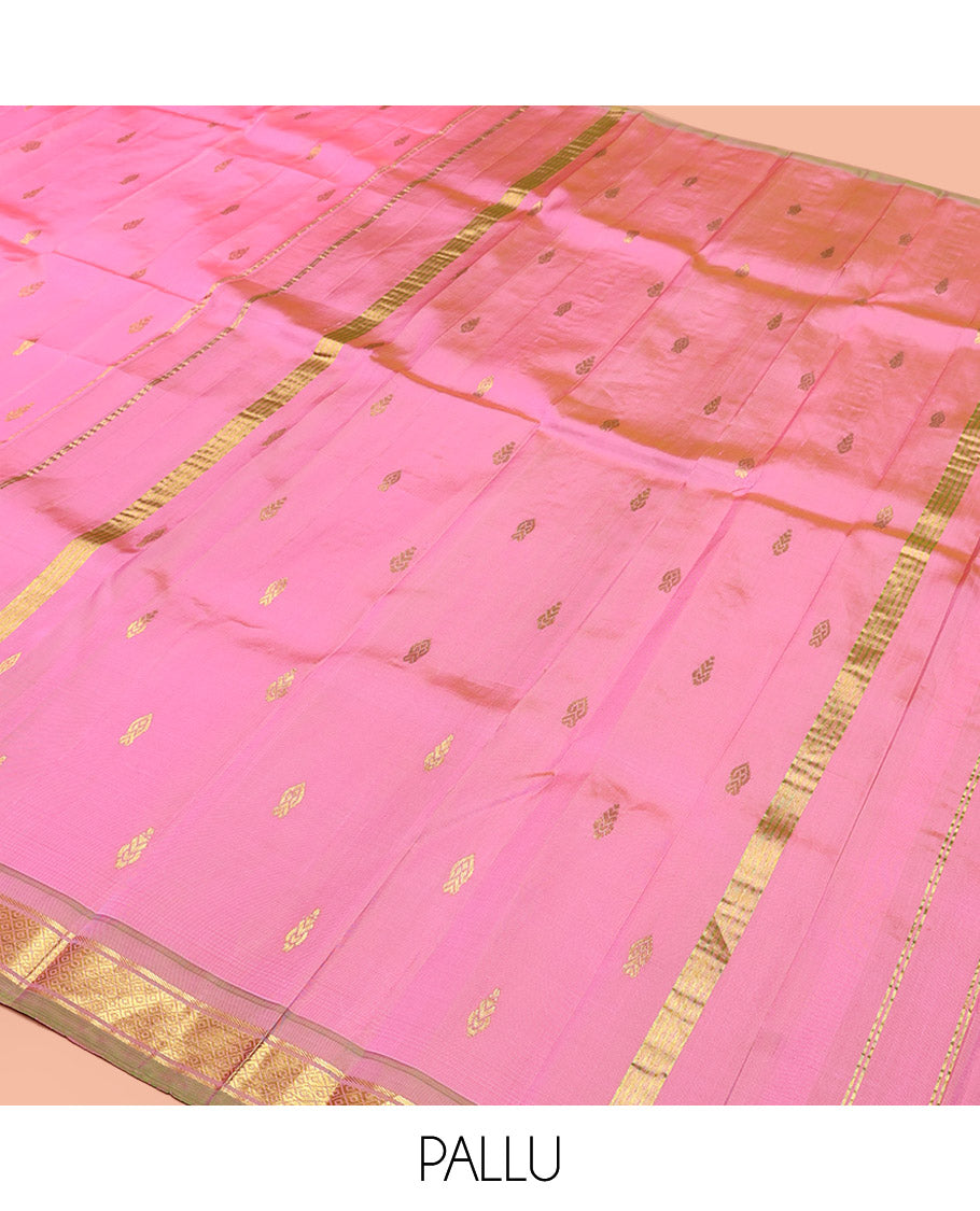 Pink Kanchipuram Silk Saree, Ornamented with Zari Buttas, Contrast Border of Banaras, and Mayil Kann, Pallu of Zari Design, and No Blouse