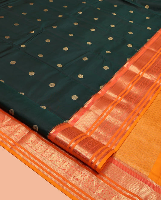 Green Vasundhara Lite Silk Mix Saree, Accentuated with Zari Buttas, Complemented by a Contrast Border of Kuyil Kann, Rudraksham, Neli, and Mayil Design, Jaal Pallu, and a Contrast Blouse