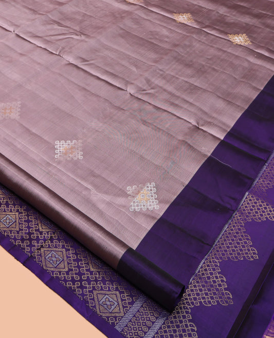 Grey Mayuri Lite Silk Mix Saree, Decked Up with Kolam Buttas, Contrast Kolam Buttas Border, Pallu of Intricate Kolam Designs, and a Contrast Blouse