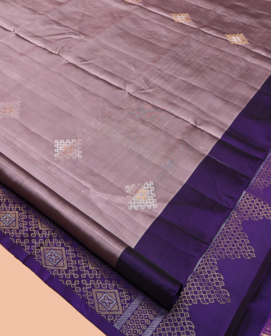 Grey Mayuri Lite Silk Mix Saree, Decked Up with Kolam Buttas, Contrast Kolam Buttas Border, Pallu of Intricate Kolam Designs, and a Contrast Blouse
