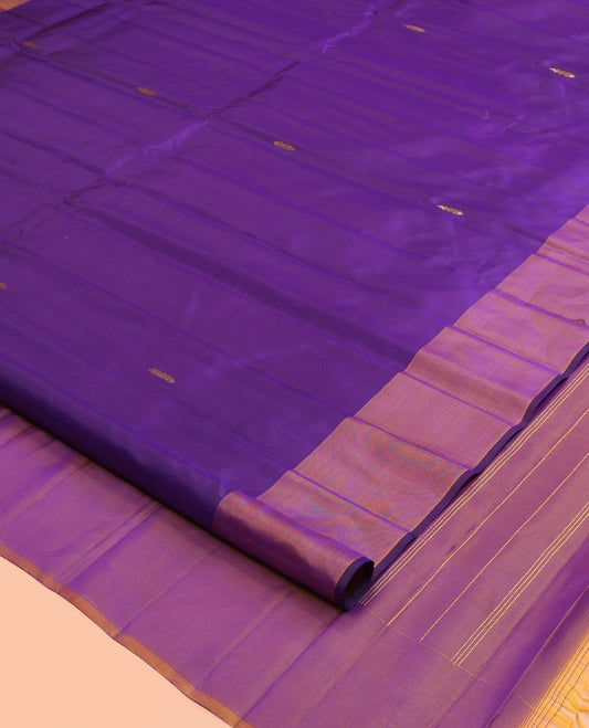 Purple Kanchipuram Silk Saree, Woven with Zari Buttas, Complemented by a Contrast Zari Border, Pallu of Zari Design, and Contrast Blouse