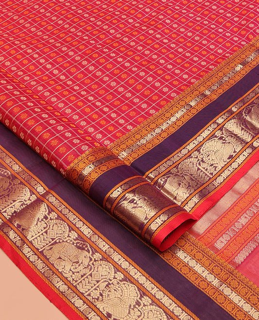 Rani Pink Buttas Enclosed Checked Kuppadam Silk Saree, a Contrast Elephant Border, Matching Blouse