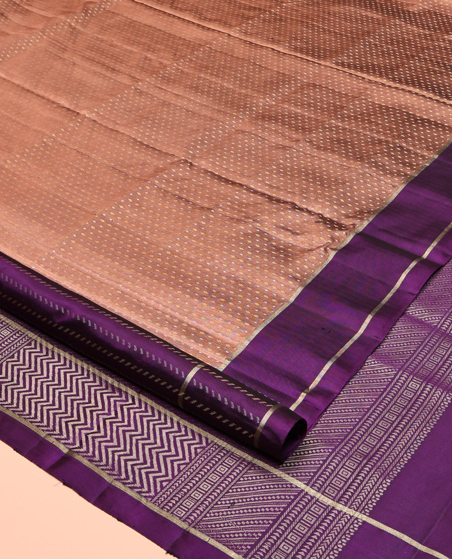 Peach Mayuri Soft Silk Saree, Subtly Steeped with Buttas, Contrast Border, Pallu of Vanki Designs, and a Contrast Blouse