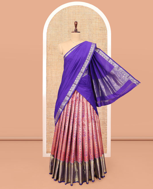 Orange Art Silk Material Half-Saree Set, Elevated with Jacquard Design Skirt, Complemented by Contrast Traditional Zari Border, Paired with a Contrast Blouse and Comes with a Intricate Dhavani