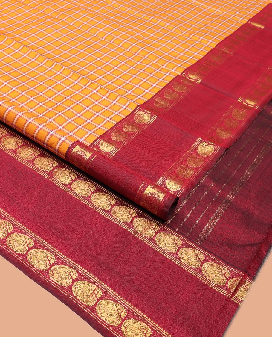Orange Checked Kanchipuram Silk Saree, Complemented by a Contrast Rettai Pettu Manga Border, Zari Woven Pallu, and Contrast Blouse