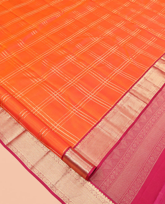 Orange Zari Checked Vasundhara Silk Saree, Complemented by a Contrast Border of Rekku, Manga, Banaras, and Ara Maadam Designs, Jaal Pallu, and a Contrast Blouse