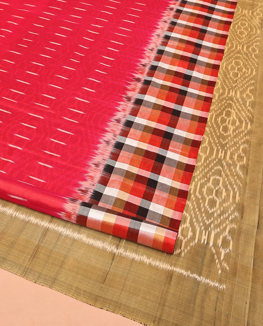Red Mayuri Soft Silk Saree, Mesmerized with Ikkat Buttas All Over Its Body, Complemented by Contrast Checked Border, Artfully Ikkat Textures Woven Pallu, and Paired with a Contrast Blouse