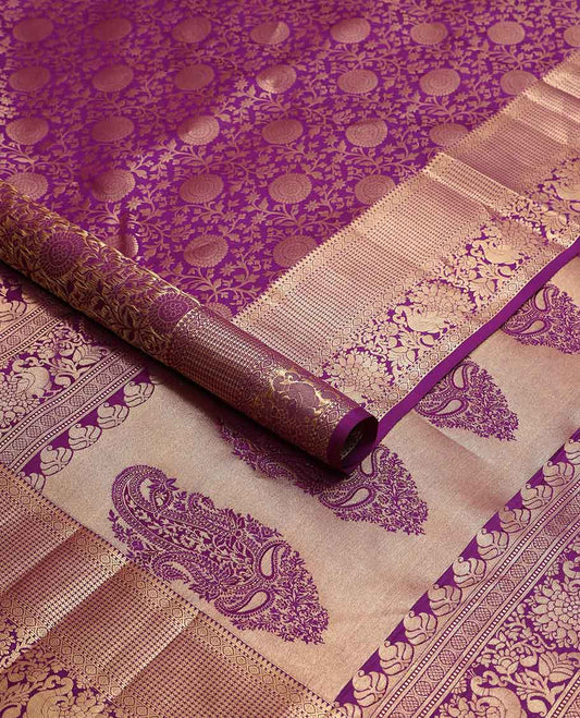Purple floral jacqaurd kancheepuram silk saree with self intricate zari design border & floral design pallu