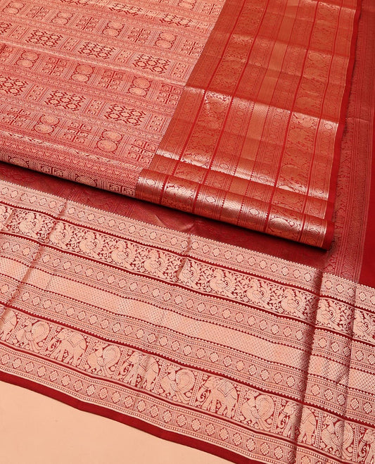 Red Kanchipuram Wedding Silk Saree, Spotlighted with Jacquard on Its Body, Highlighted by a Zari Border of Rekku, Muthu, Laddu Kamalam, Mayil, Mayil Kann, Ad Yaanai Designs, Meticulously Crafted Pallu, and Paired with a Matching Blouse