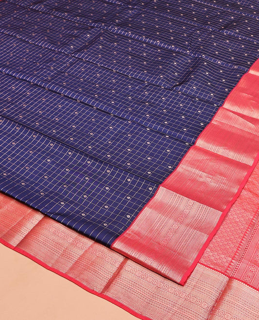 Blue Vasundhara Silk Saree, Woven with Zari Butta Enclosed Checks, Contrast Border of Thilakam Mokku, Muthu, Rettai Neli, and Geometric Designs, Jaal Pallu, and Contrast Blouse